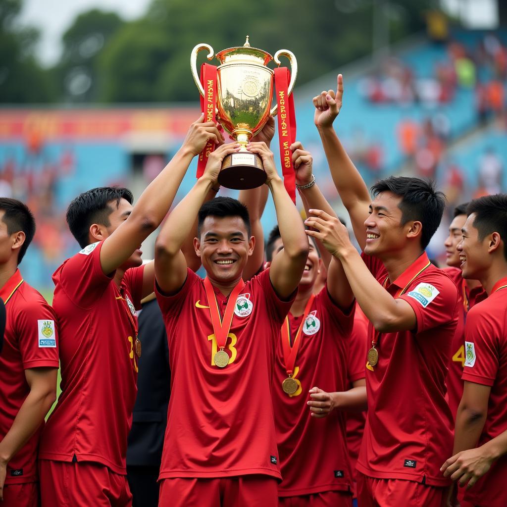 Các cầu thủ U23 Việt Nam hạnh phúc nâng cao chiếc cup vô địch SEA Games 31