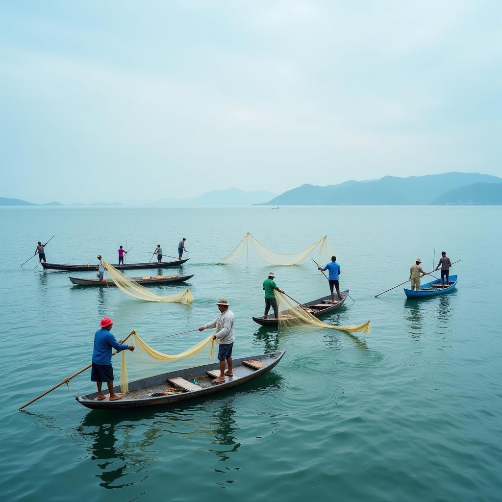 Ngư dân Cái Chiên đánh cá trên biển