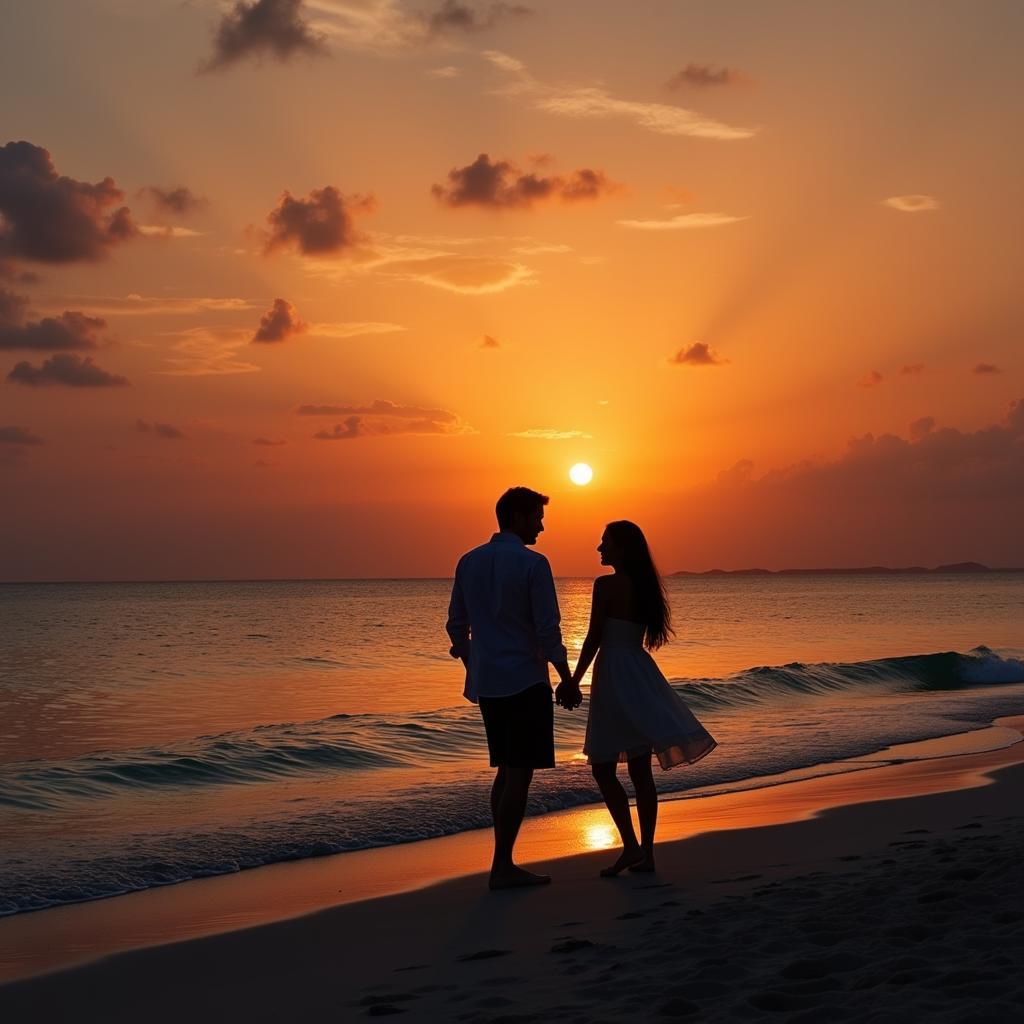 Couple enjoying sunset on Maldives beach