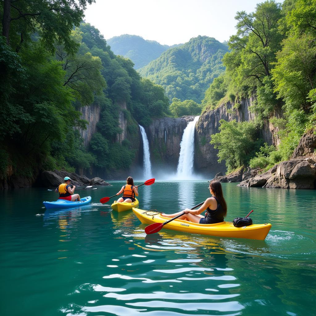 Du khách chèo thuyền Kayak trên dòng thác Bờ