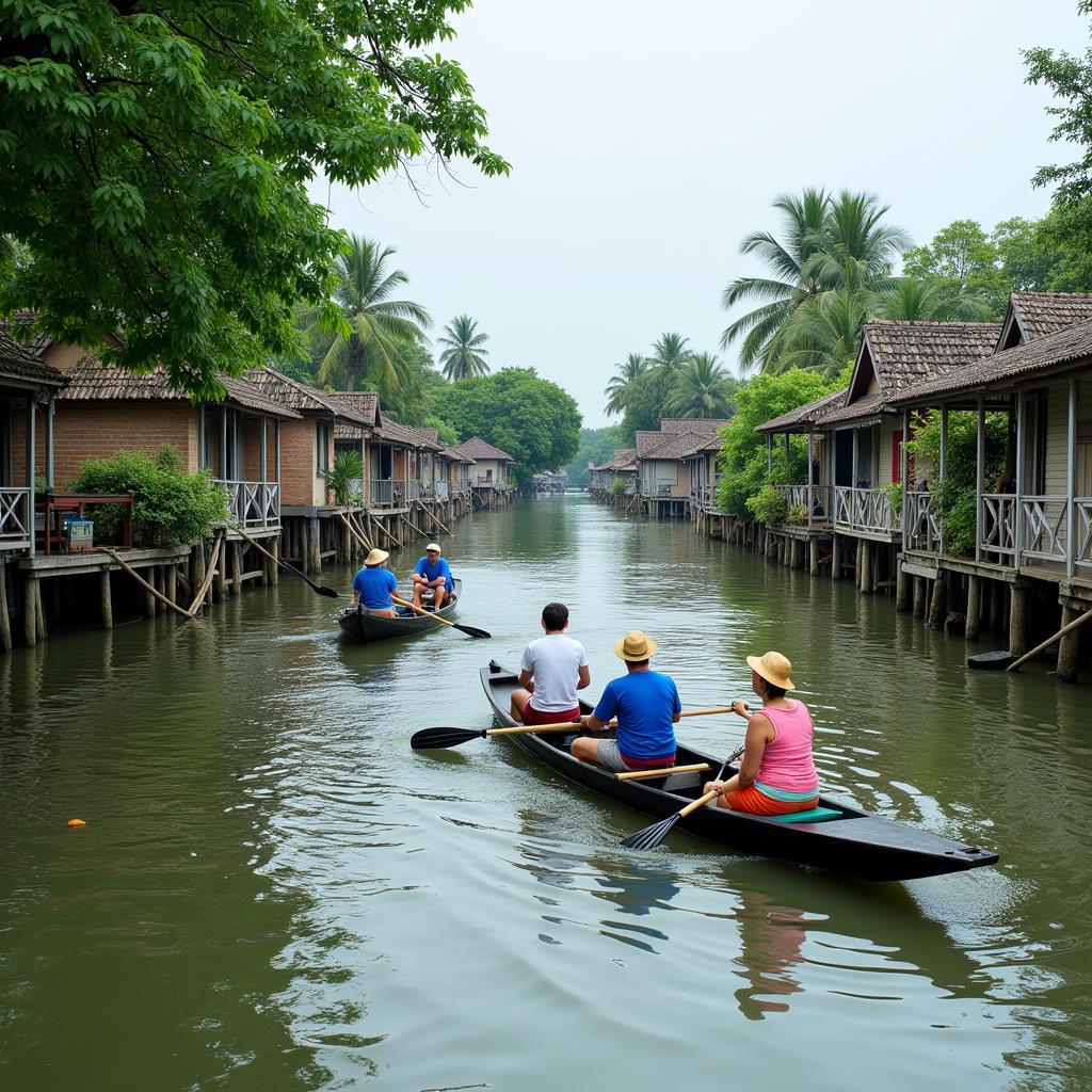 Du khách chèo thuyền trên kênh rạch miền Tây