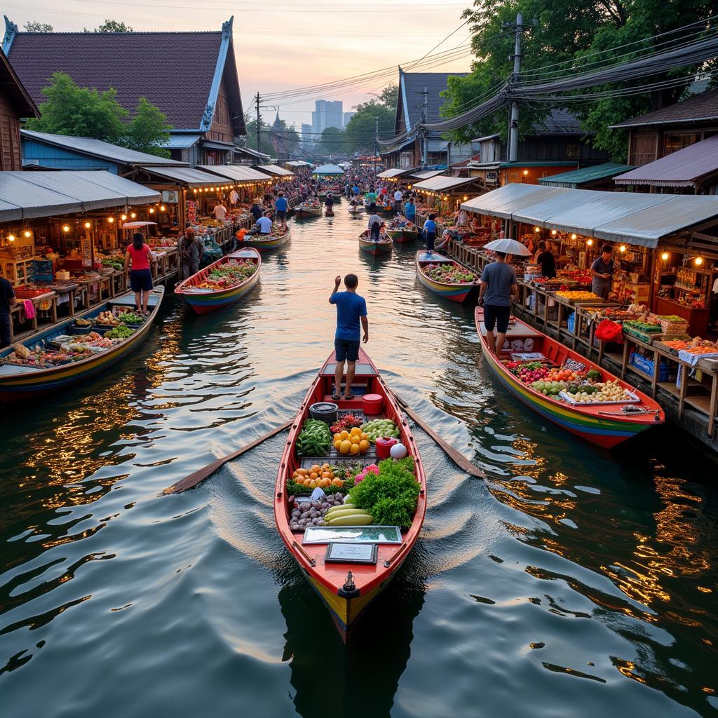 Khung cảnh nhộn nhịp tại chợ nổi Damnoen Saduak, Bangkok