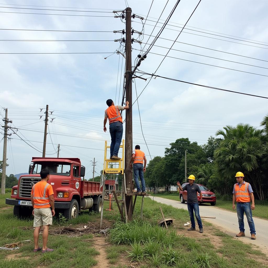 Công nhân điện lực Kiên Giang đang sửa chữa đường dây