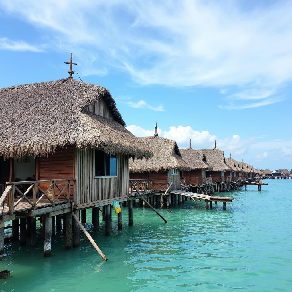 Cuộc sống người dân bản địa trên đảo Mabul, Malaysia, với những ngôi nhà sàn trên biển.