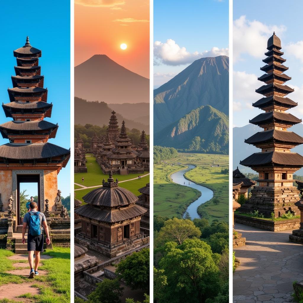 Điểm đến hấp dẫn du lịch bụi Indonesia: Bali, Yogyakarta, Komodo, Bromo. Hình ảnh minh họa các địa danh nổi tiếng của Indonesia.