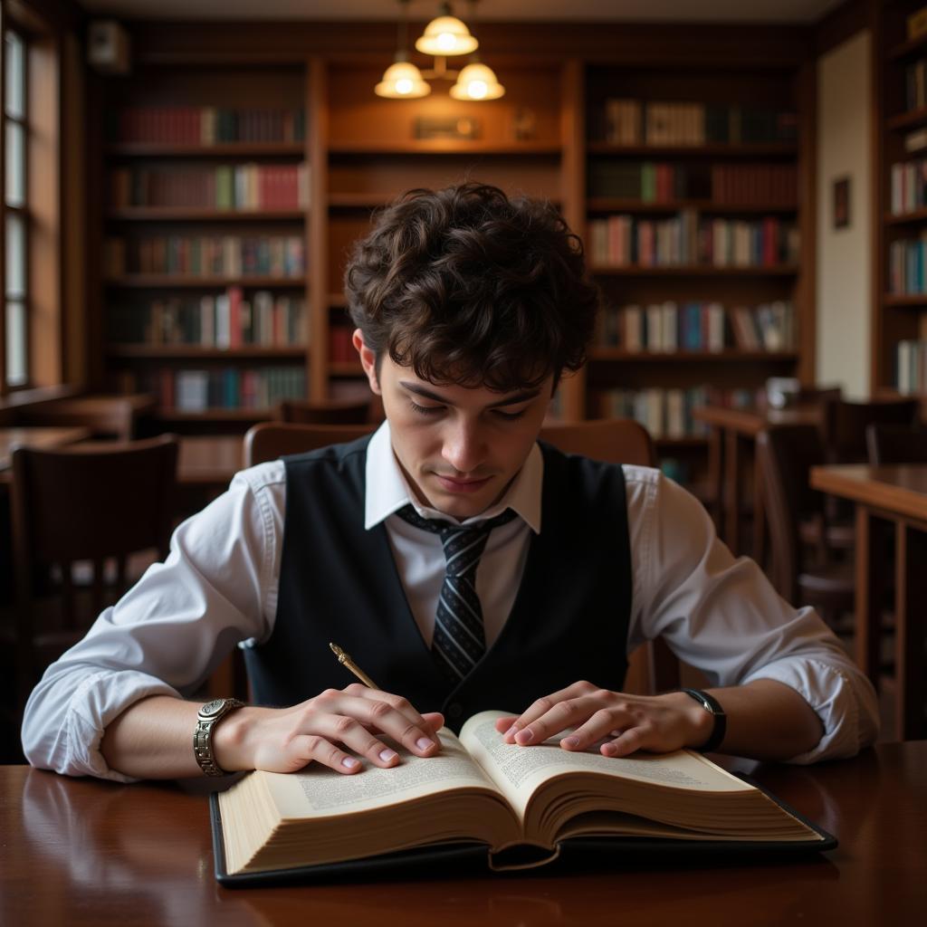 Reading a history book in the library