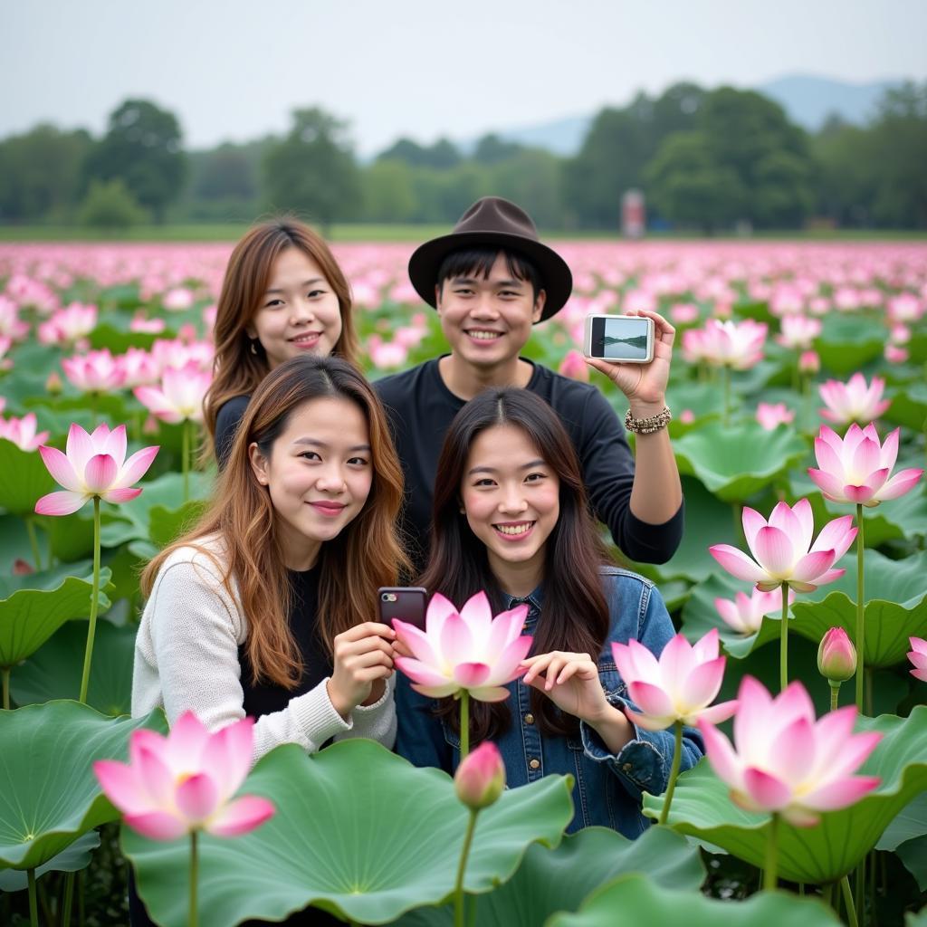 Du khách chụp ảnh cùng hoa sen tại Đồng Sen Tháp Mười