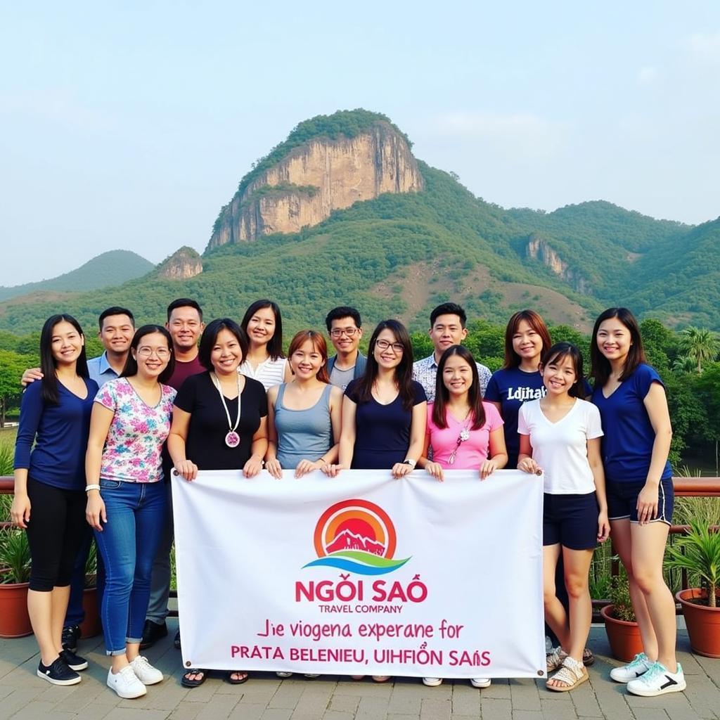 Tourists taking photos with Ngôi Sao Travel Company banner