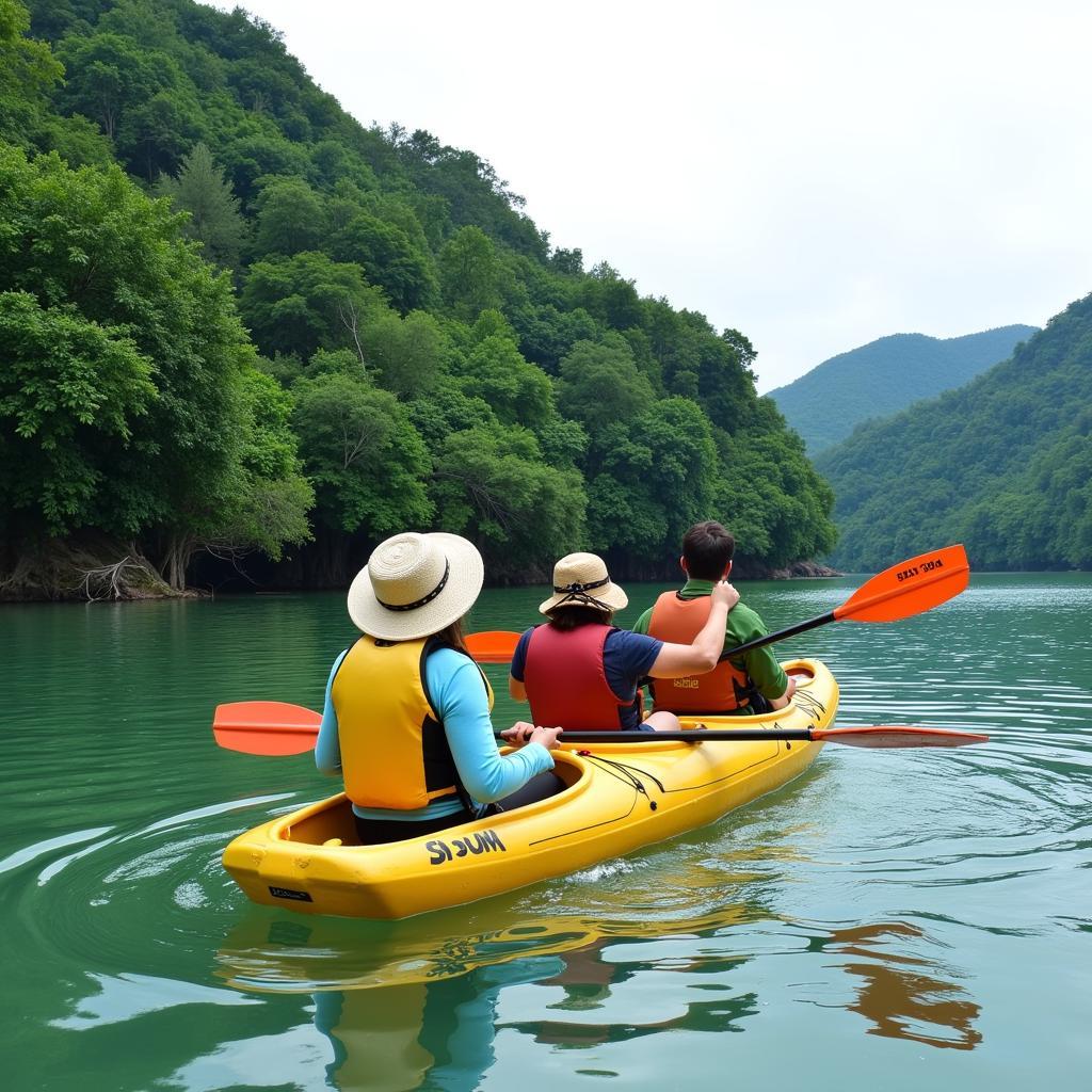 Du khách tham gia trải nghiệm chèo thuyền kayak tại khu du lịch sinh thái Đồng Nai