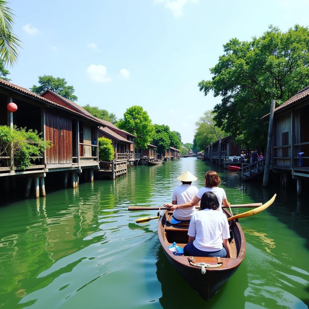 Du khách tham quan Cái Mơn bằng xuồng ba lá