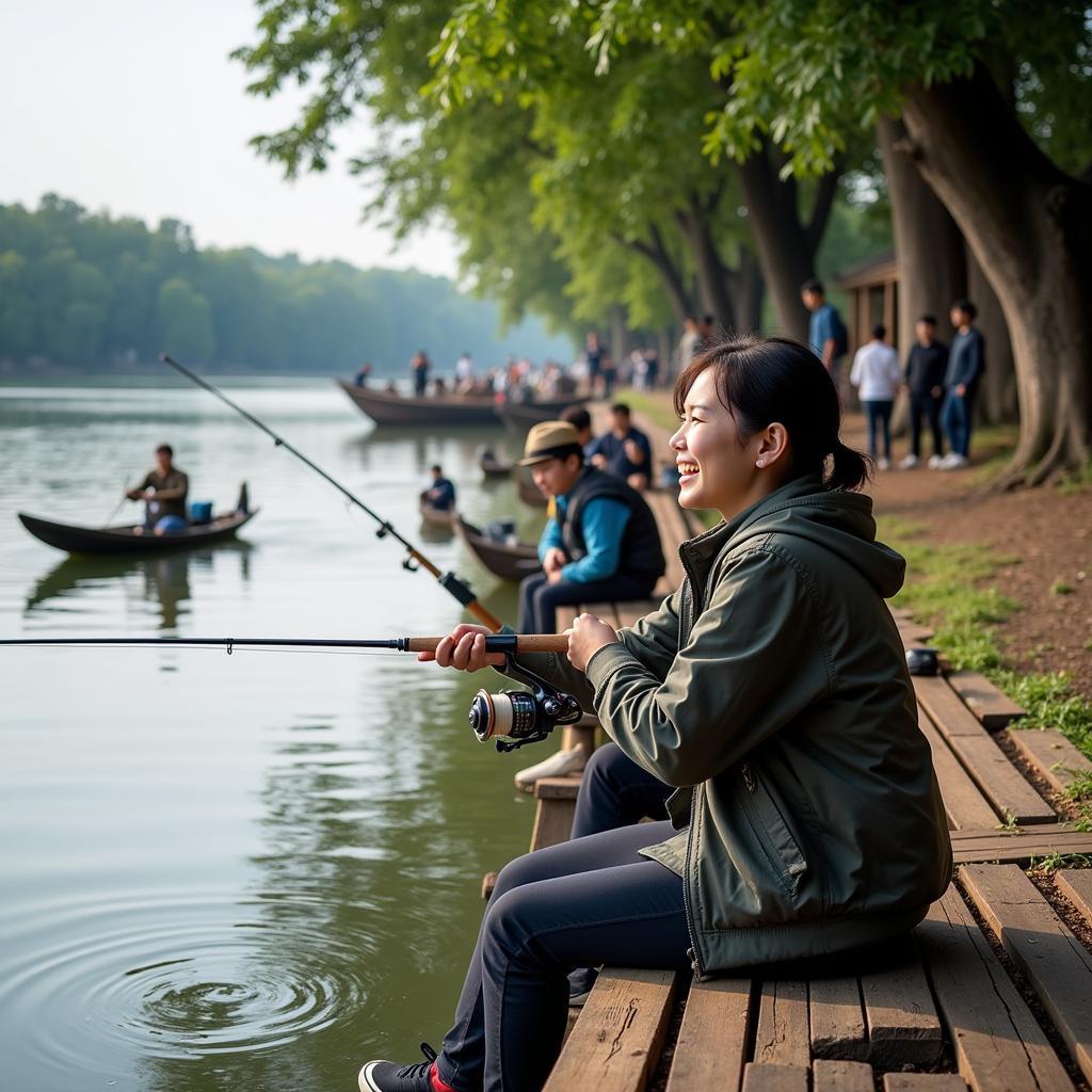 Du khách trải nghiệm câu cá tại Khu Du lịch Ông Đề