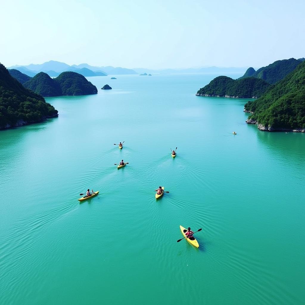 Du khách tham gia chèo thuyền kayak tại Ninh Vân Bay