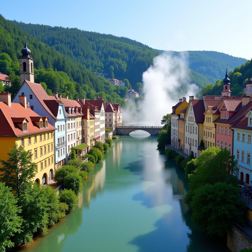 Panoramic view of Karlovy Vary with colorful spa buildings