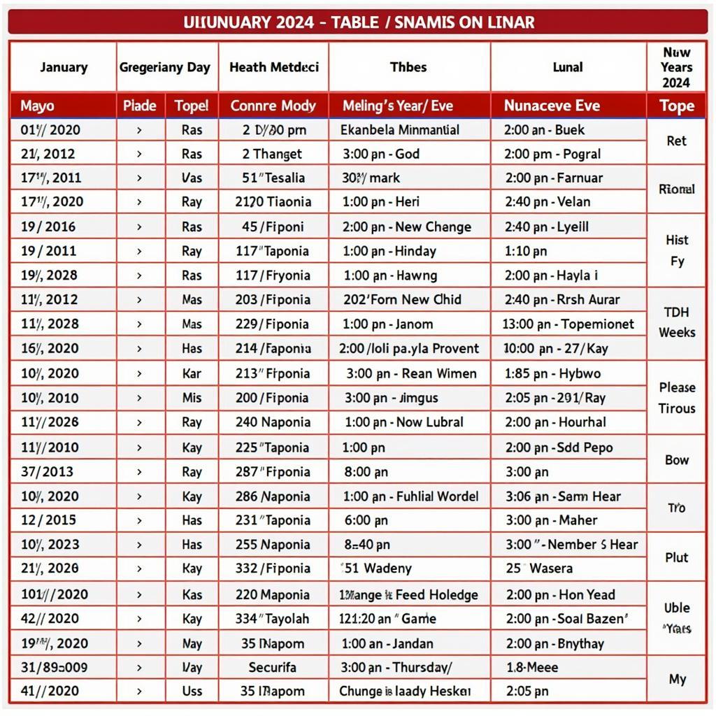 Lịch Âm Dương Tháng 1/2024