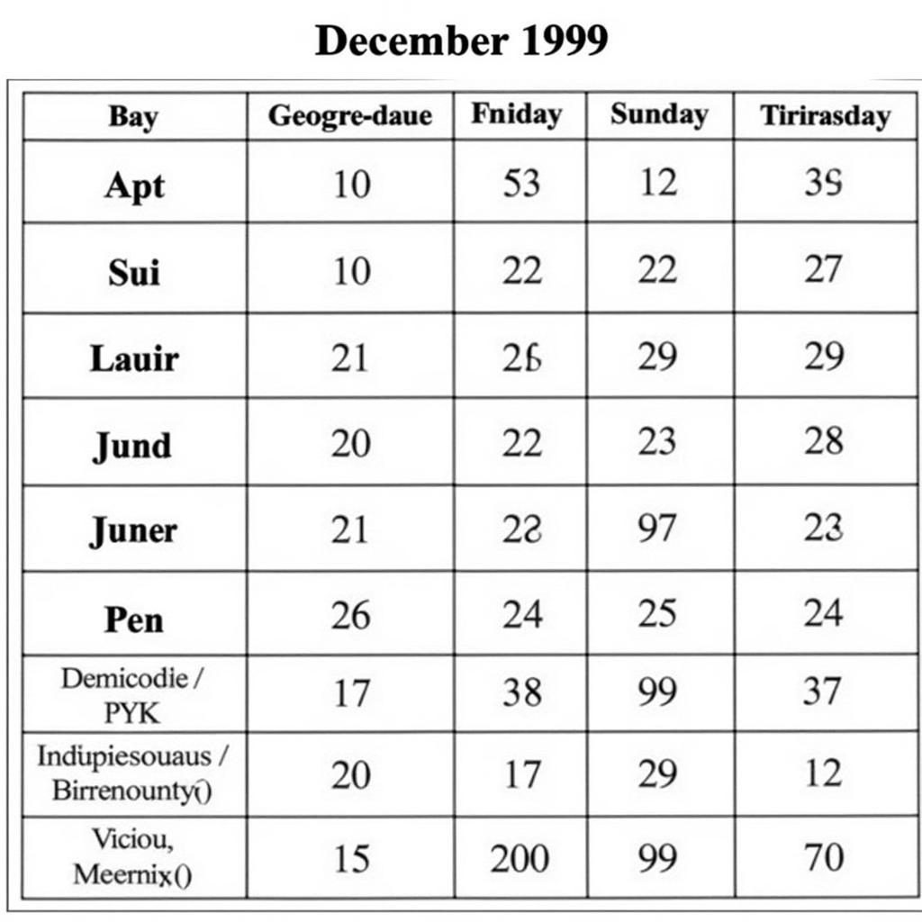 Lịch âm tháng 12 năm 1999