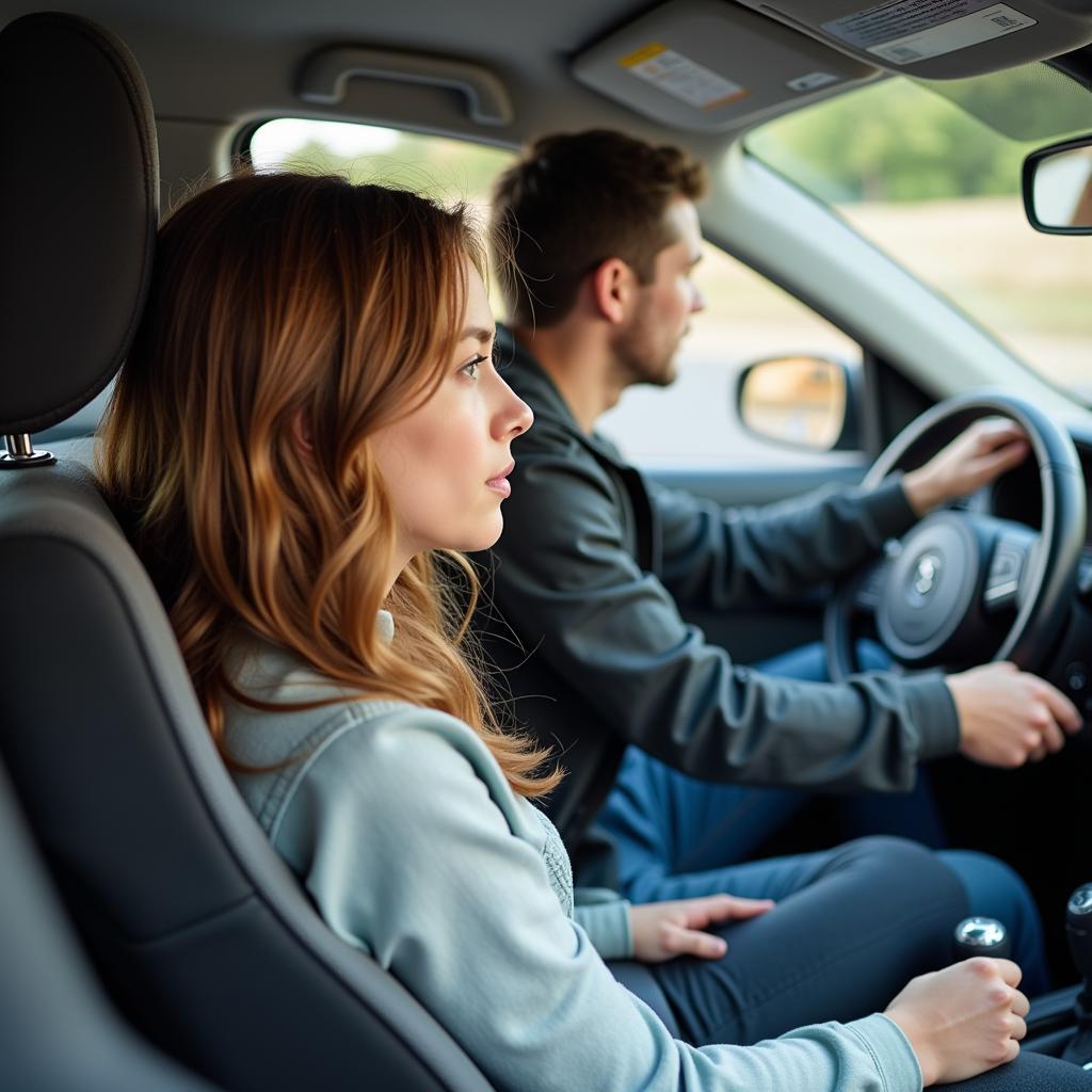 A driving student is practicing driving with an instructor