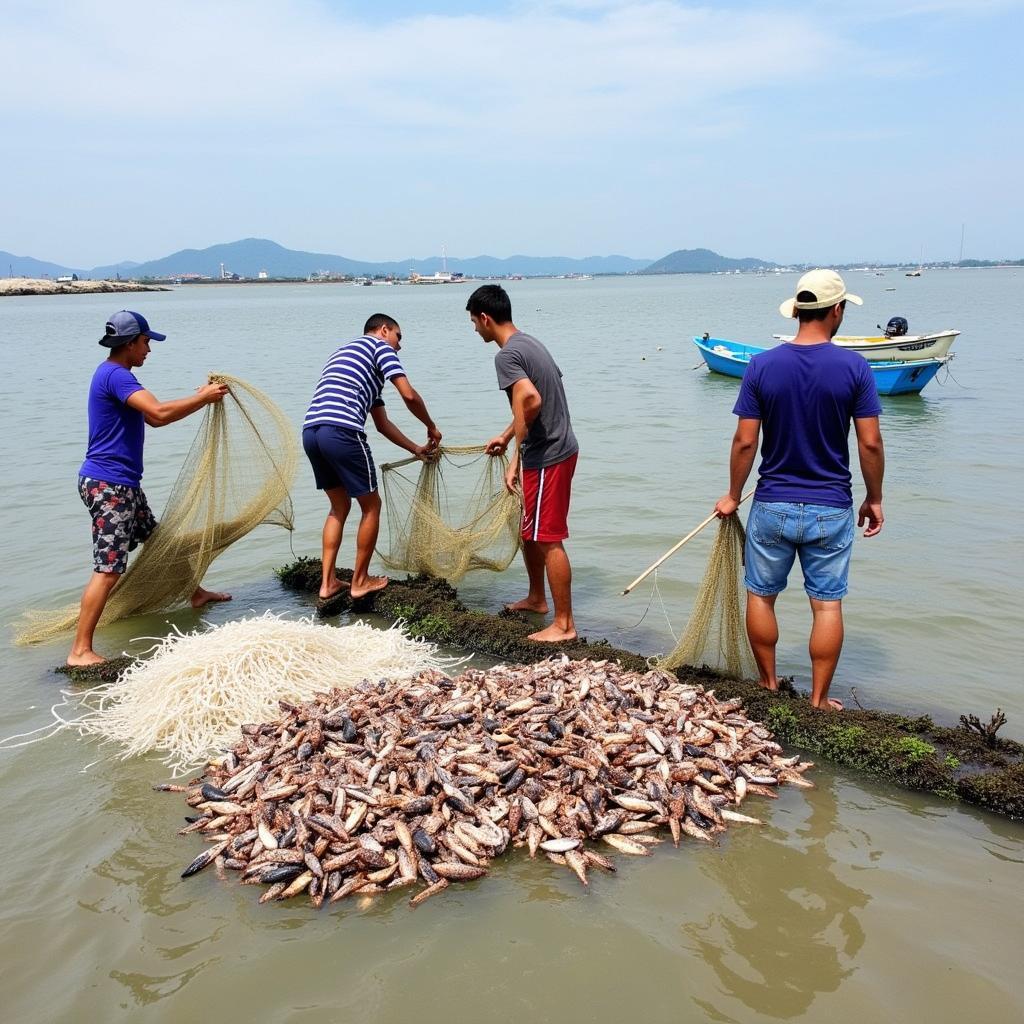 Người dân địa phương trên đảo Bình Hưng đang đánh bắt hải sản