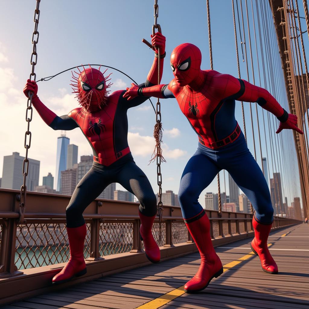 Cảnh phim Người Nhện: Không Còn Nhà với Spider-Man chiến đấu với Doctor Octopus trên cầu Brooklyn