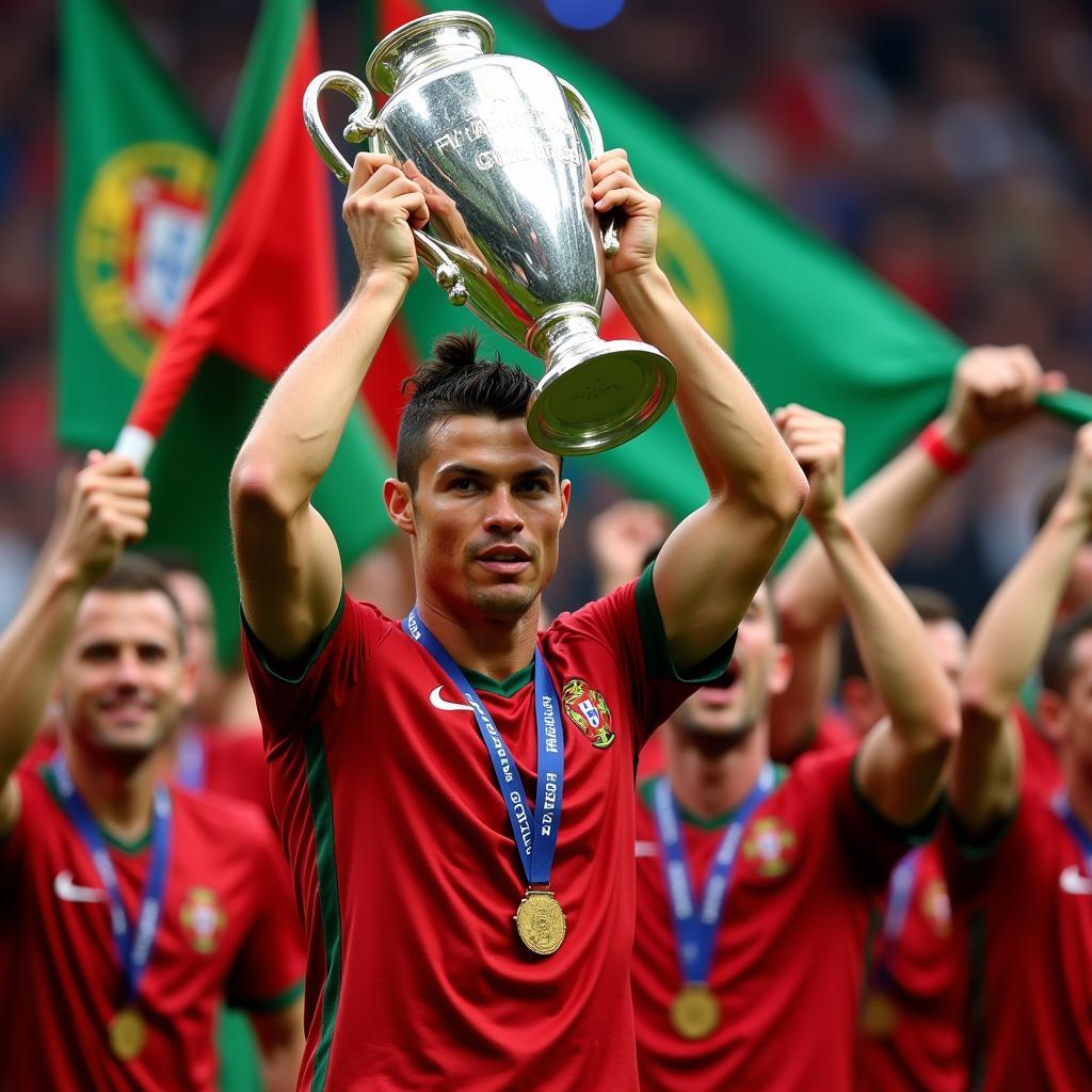 Cristiano Ronaldo nâng cao chiếc cúp vô địch EURO