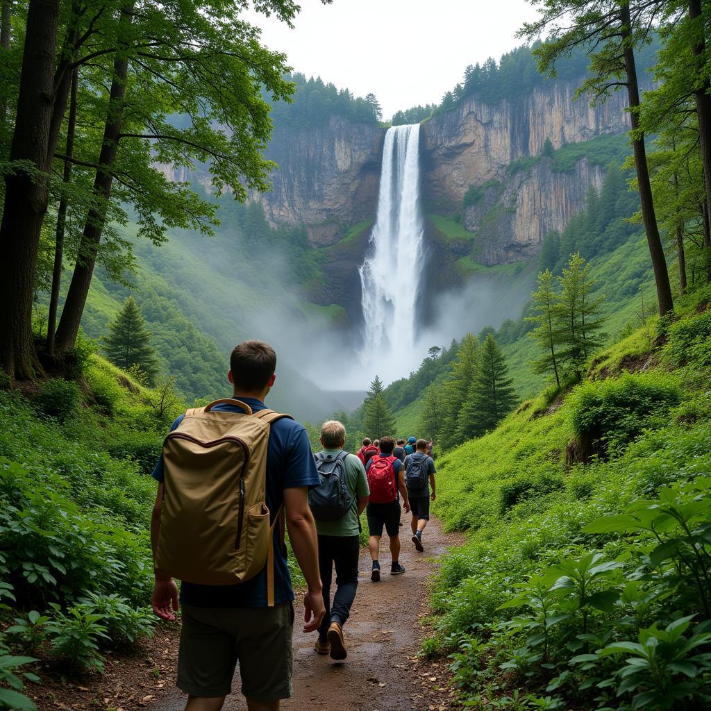 Du khách trekking tại thác 3 tầng