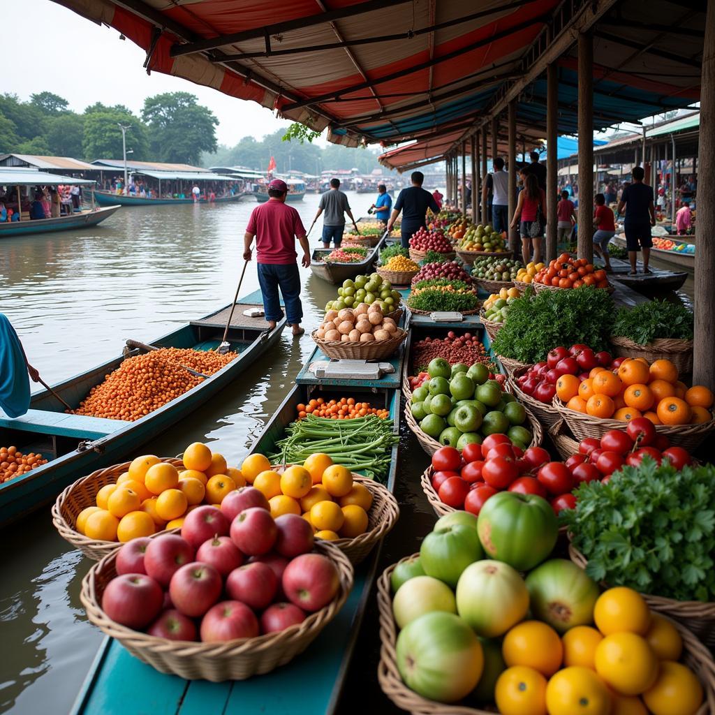 Hình ảnh Chợ nổi Damnoen ở Thái Lan, với những chiếc thuyền đầy ắp trái cây, rau củ và các mặt hàng địa phương khác.