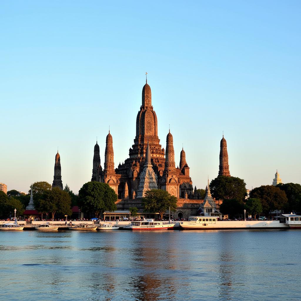 Hình ảnh Chùa Wat Arun tráng lệ bên bờ sông Chao Phraya tại Bangkok, Thái Lan.