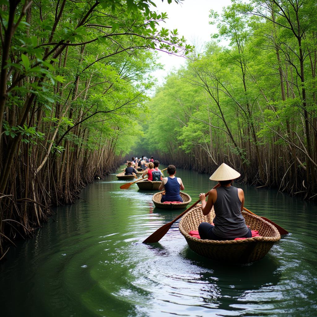 Du khách trải nghiệm đi thuyền thúng ở rừng dừa nước Hội An