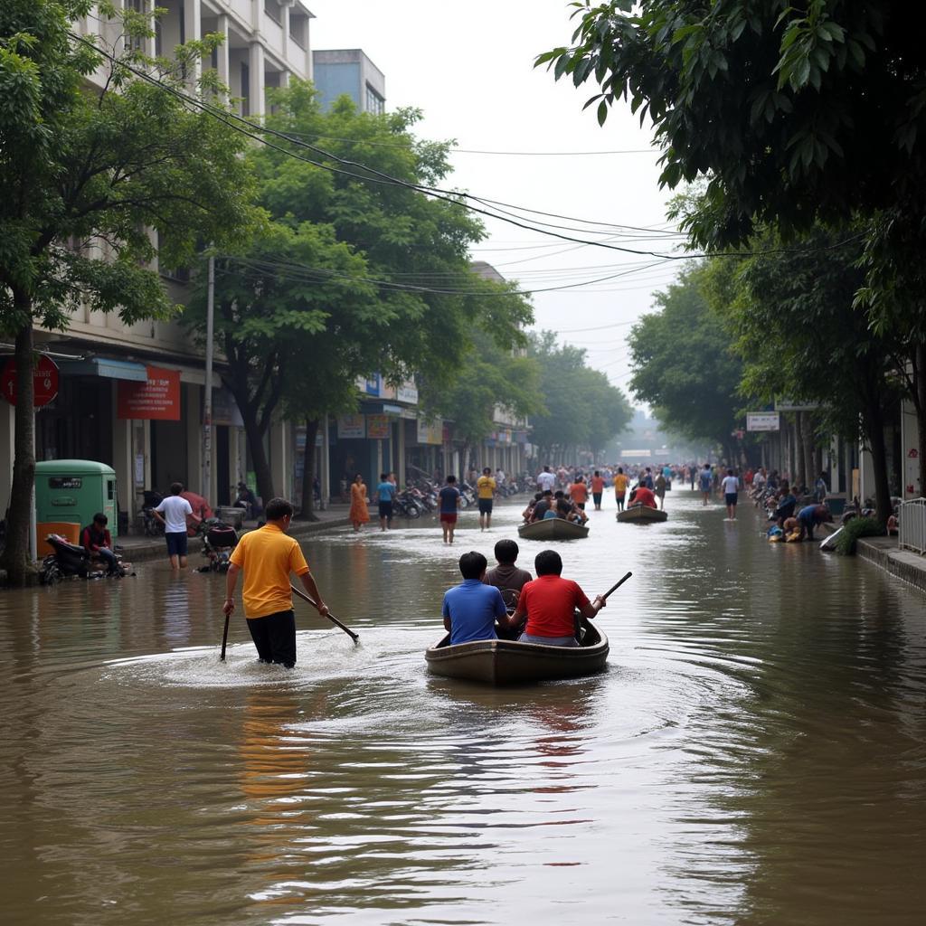 Người dân di chuyển trên phố ngập lụt