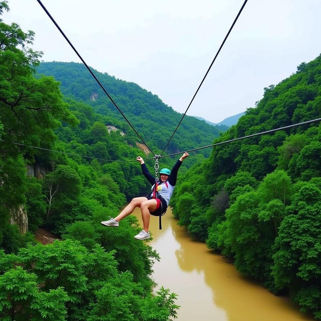 Trải nghiệm zipline tại Sông Chày - Hang Tối, Quảng Bình, với khung cảnh thiên nhiên hùng vĩ.