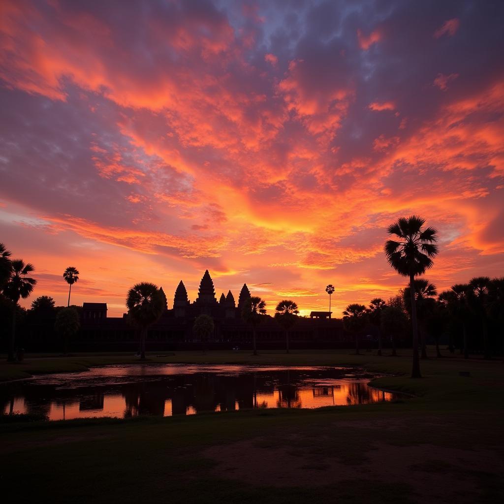 Angkor Wat Campuchia: Hình ảnh hoàng hôn buông xuống trên đền Angkor Wat, tạo nên một khung cảnh huyền ảo và lãng mạn, là điểm nhấn khó quên trong chuyến du lịch Campuchia.