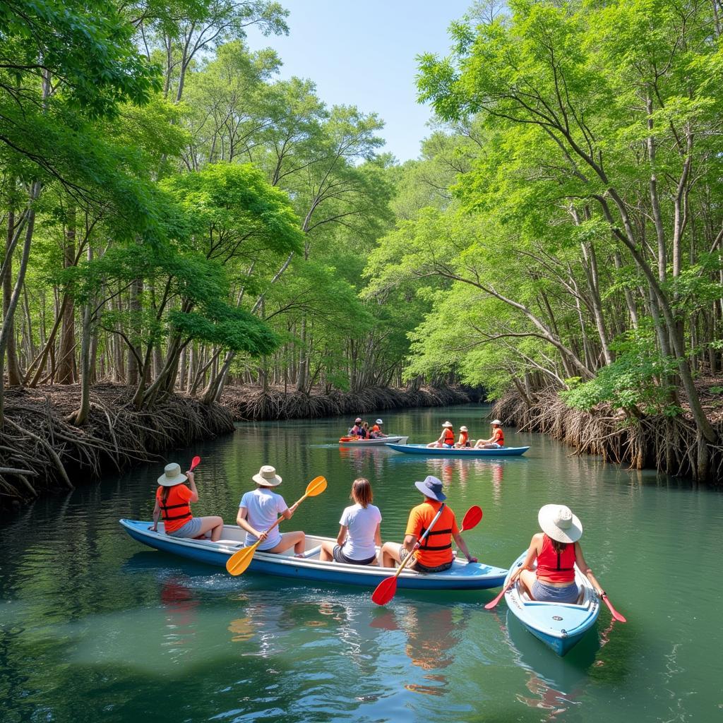 Du khách tham gia các hoạt động thú vị tại Cần Giờ như câu cá, chèo thuyền kayak.