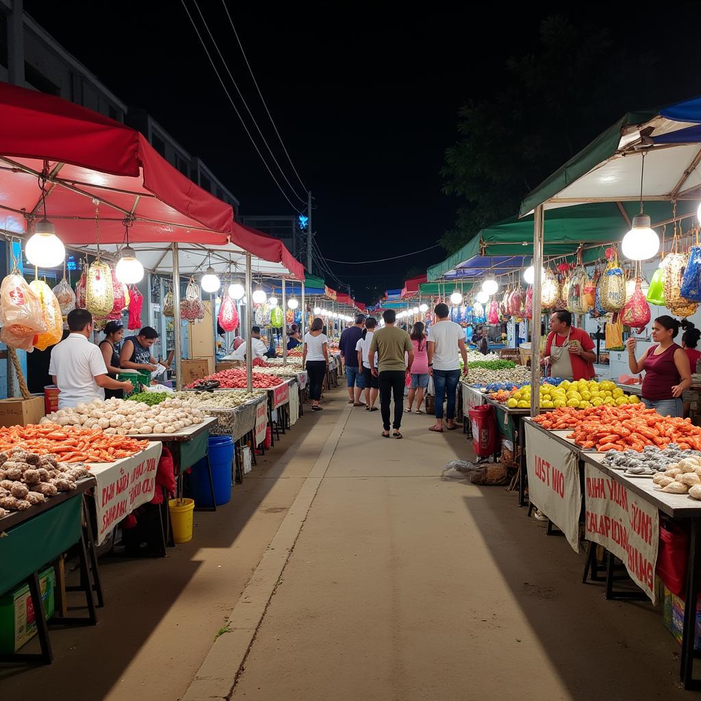 Chợ đêm Dinh Cậu sầm uất và náo nhiệt với nhiều gian hàng bày bán hải sản tươi sống, đặc sản địa phương và quà lưu niệm.