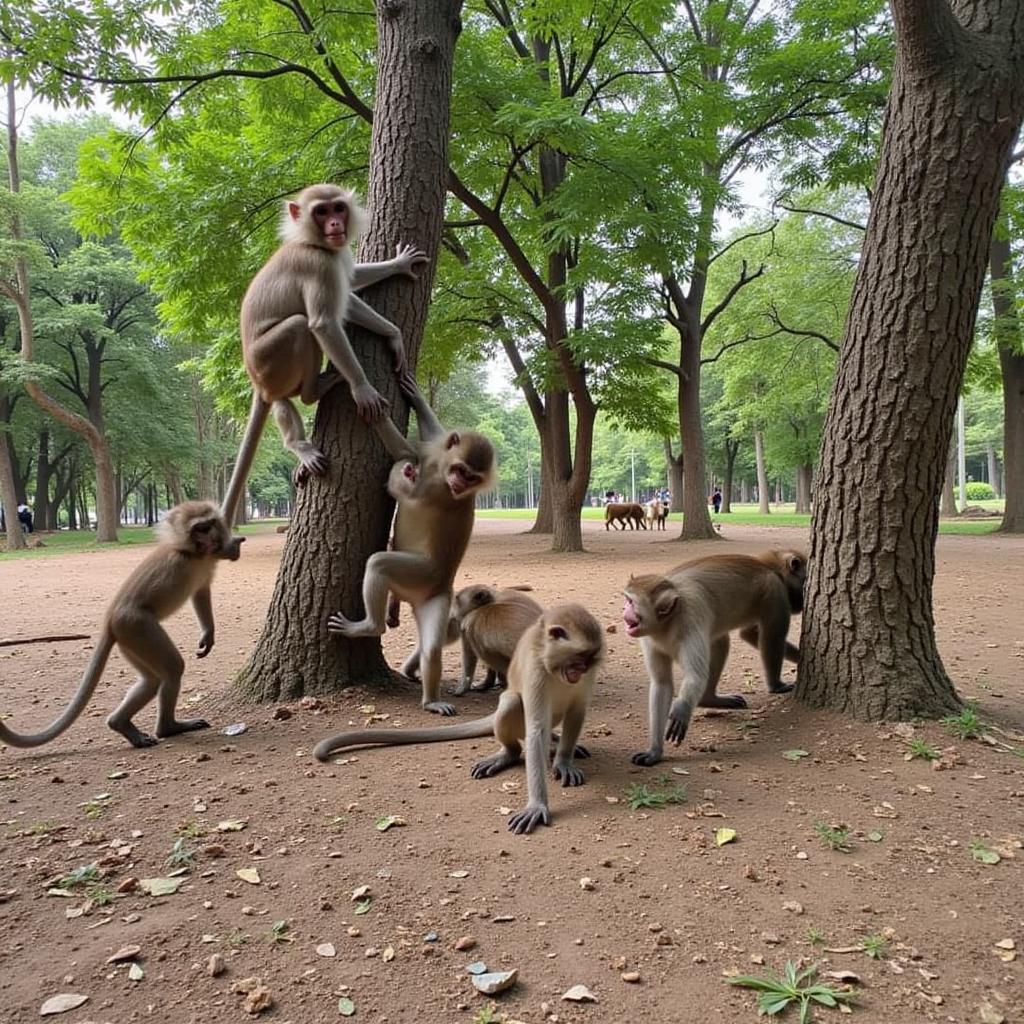 Đảo Khỉ Cần Giờ - Hình ảnh đàn khỉ hoang dã, vui đùa trên cây và dưới đất.