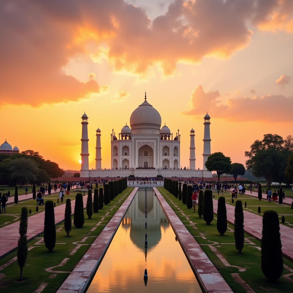 Đền Taj Mahal Ấn Độ lung linh trong ánh hoàng hôn