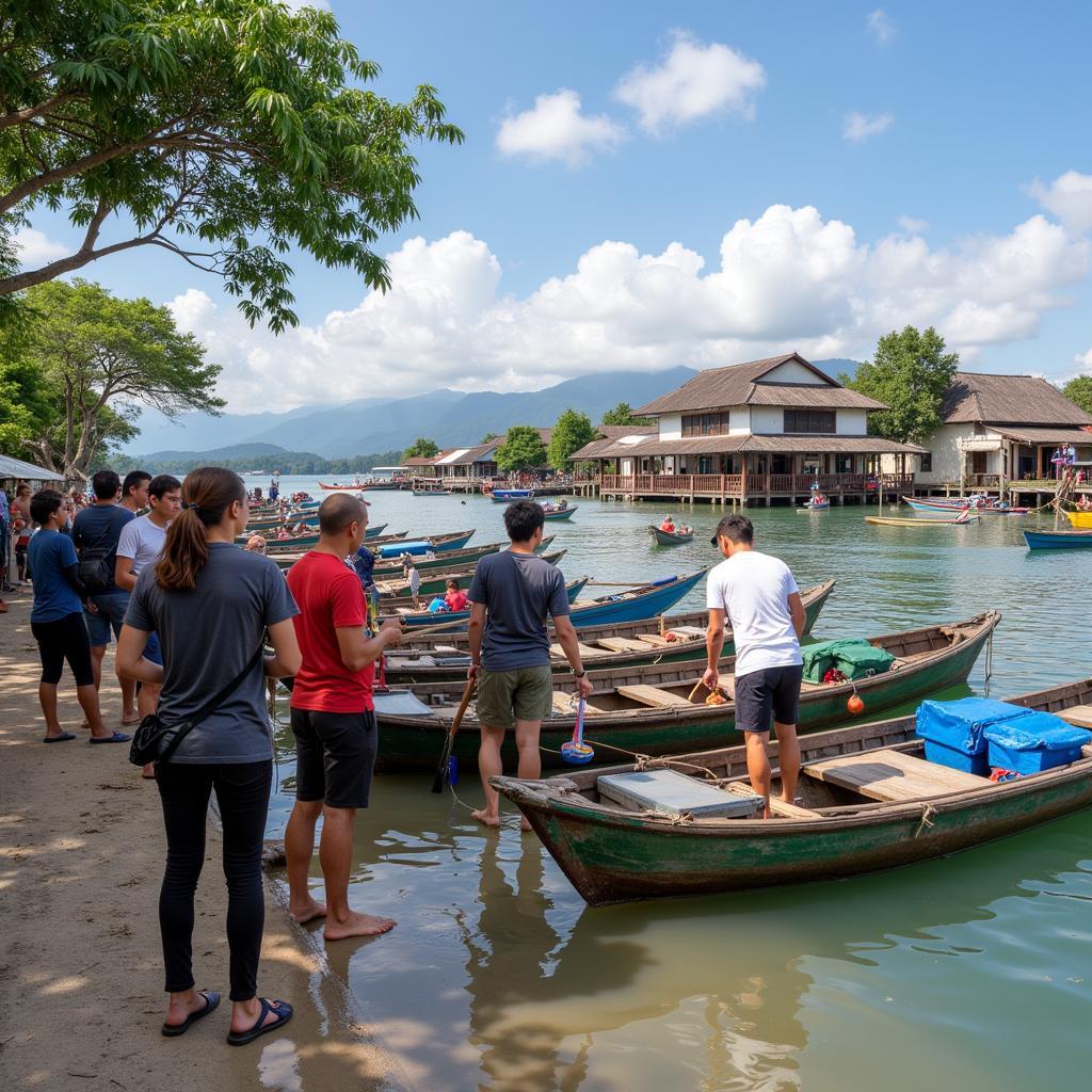 Du khách tham quan làng chài cùng Eco San Hô Đỏ