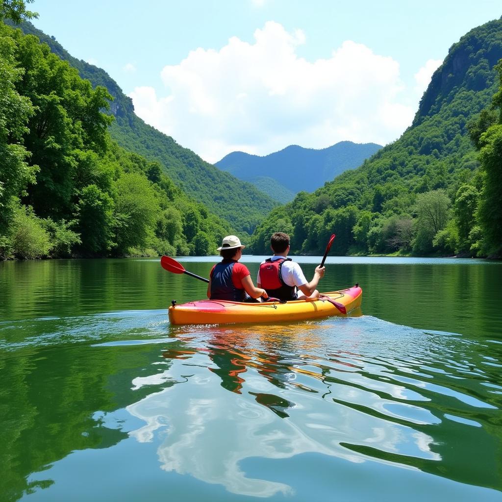 Du khách trải nghiệm chèo thuyền kayak trên hồ Hàn Tam Đẳng