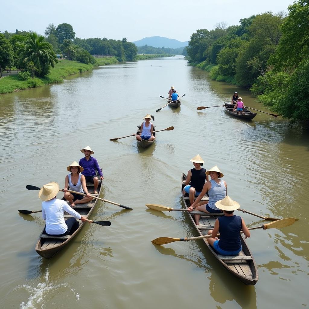 Du khách tham gia các hoạt động thú vị tại Tiền Giang như chèo thuyền, câu cá.