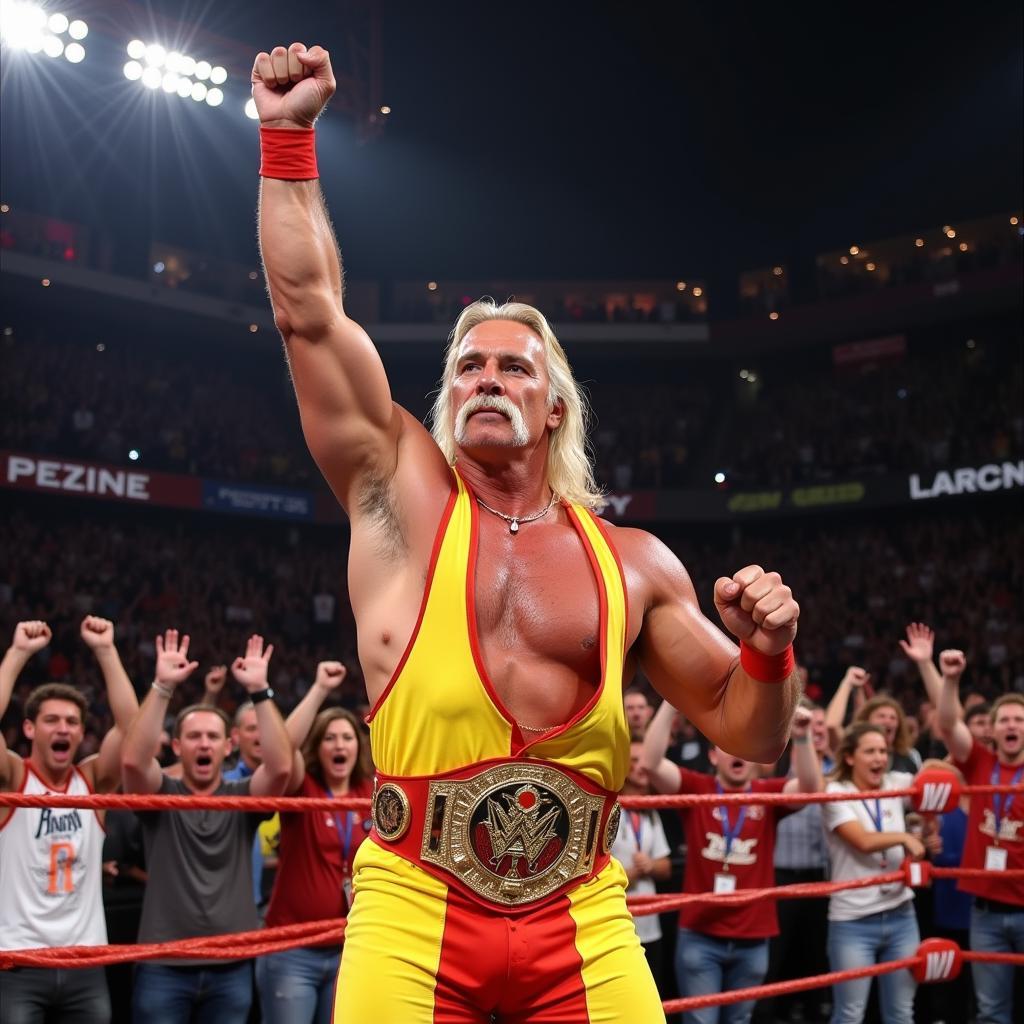 Hulk Hogan giơ cao tay chiến thắng trước sự hò reo của khán giả