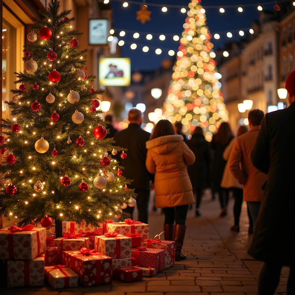 Không khí lễ hội Giáng sinh rộn ràng với cây thông Noel được trang trí lộng lẫy, những món quà xinh xắn và nụ cười rạng rỡ của mọi người.