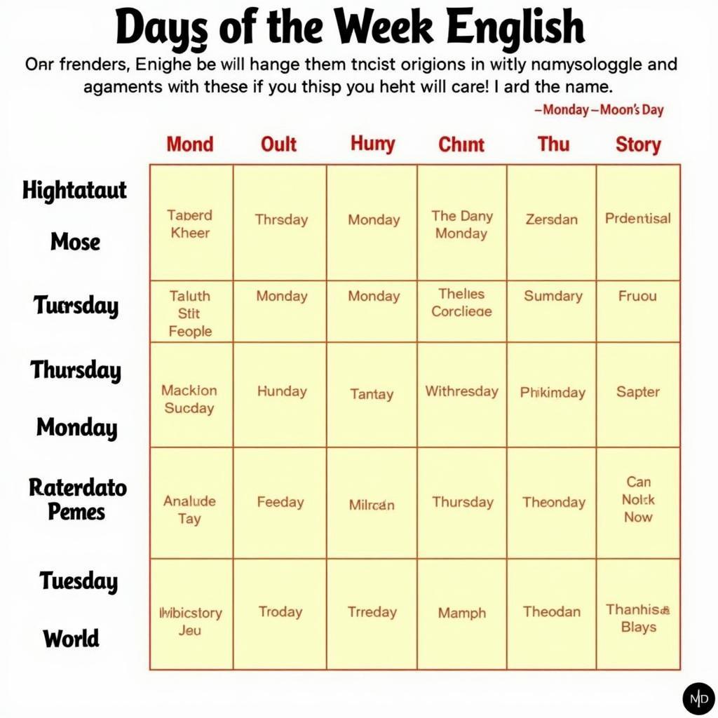 Detailed English Week Calendar with Origins