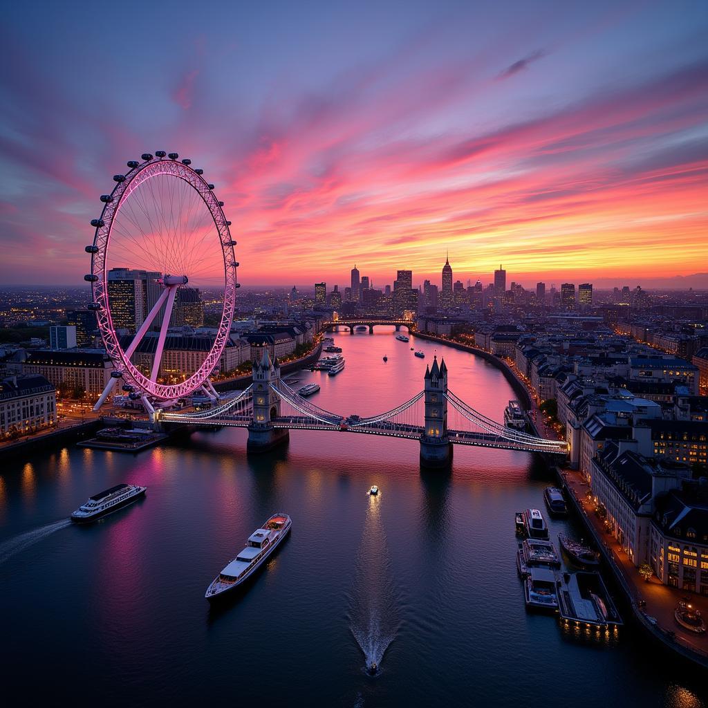 London Eye và Tower Bridge vào buổi hoàng hôn