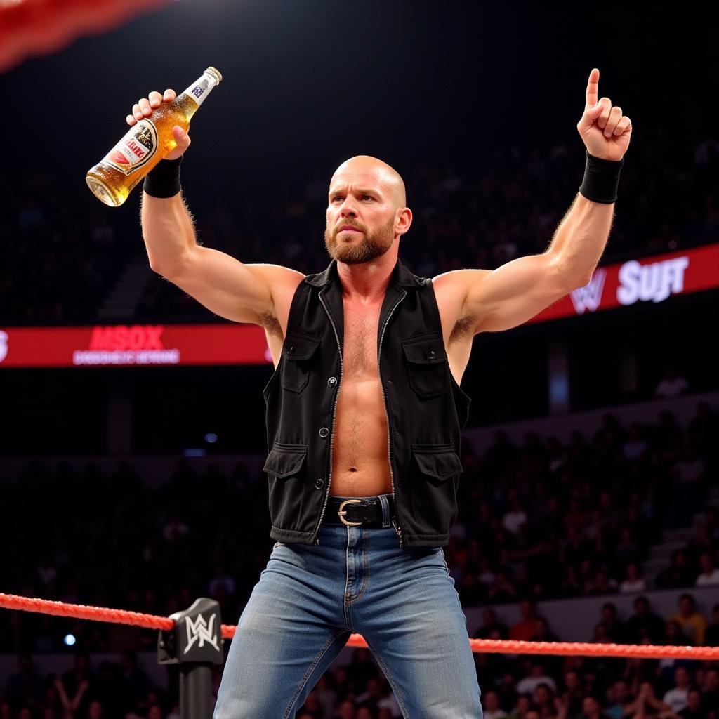 Stone Cold Steve Austin đang uống bia và ăn mừng chiến thắng trên sàn đấu