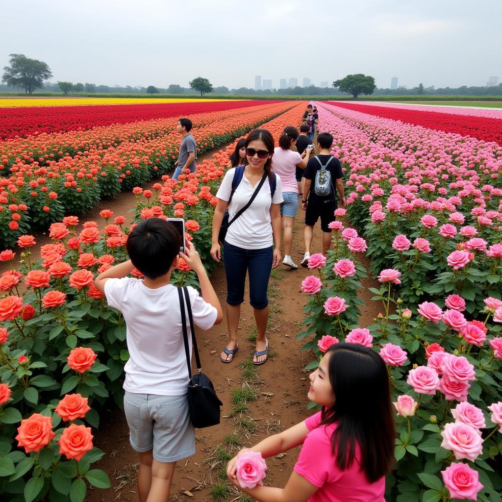 Du khách tham quan và chụp ảnh tại cánh đồng hoa hồng Sa Đéc.