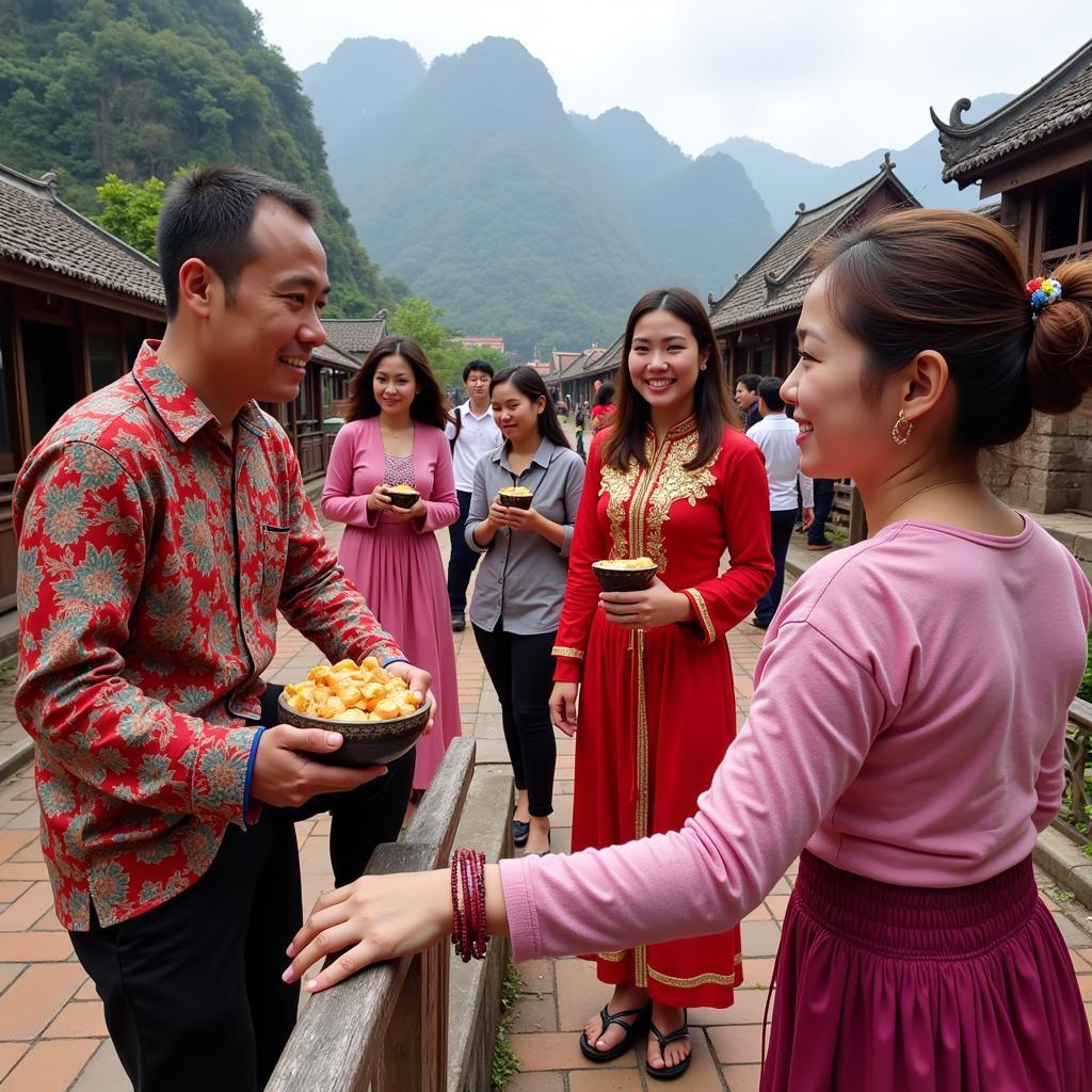 Du khách đang tham gia trải nghiệm văn hóa tại Mù Cang Chải, mặc trang phục truyền thống và giao lưu với người dân địa phương.