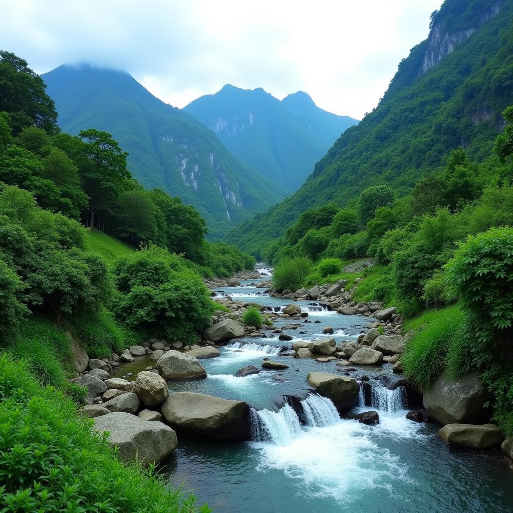 Vẻ đẹp thiên nhiên của suối Mỡ với dòng suối trong veo, núi rừng hùng vĩ và thác nước trắng xóa.