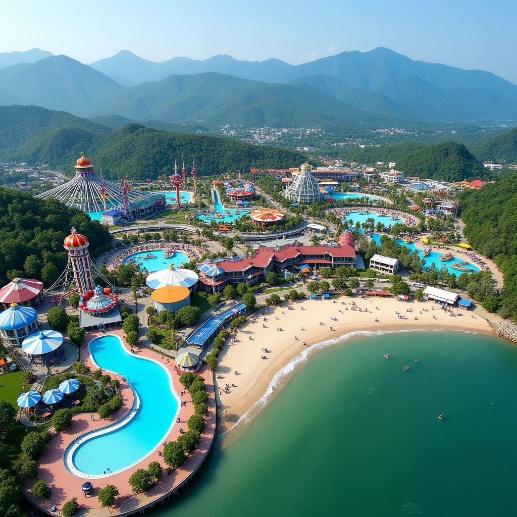 Toàn cảnh Vinpearl Land Nha Trang nhìn từ trên cao, với các trò chơi, công viên nước và bãi biển trải dài.