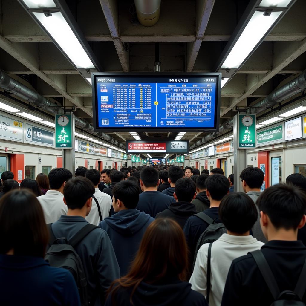 Di chuyển bằng tàu điện ngầm ở Tokyo - Hình ảnh minh họa một ga tàu điện ngầm đông đúc ở Tokyo với bảng chỉ dẫn điện tử.