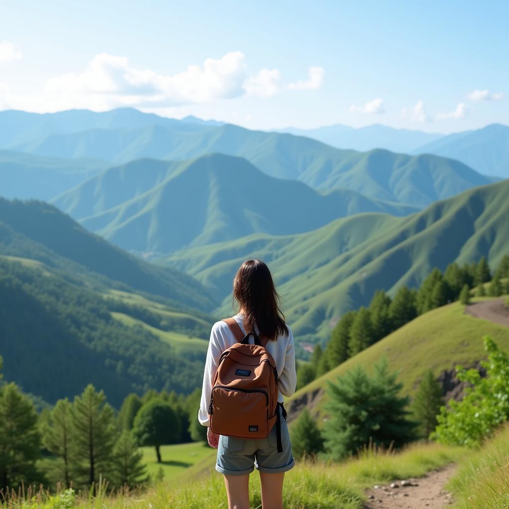 Kinh nghiệm du lịch Đà Lạt một mình: Cô gái trẻ đang ngắm cảnh núi non hùng vĩ tại Đà Lạt