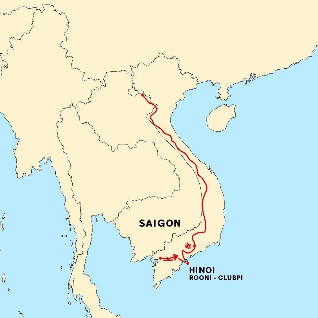 Bản đồ Việt Nam với hai điểm nổi bật là Sài Gòn và Hà Nội, cùng các tuyến đường di chuyển chính, giúp du khách lên kế hoạch cho chuyến đi