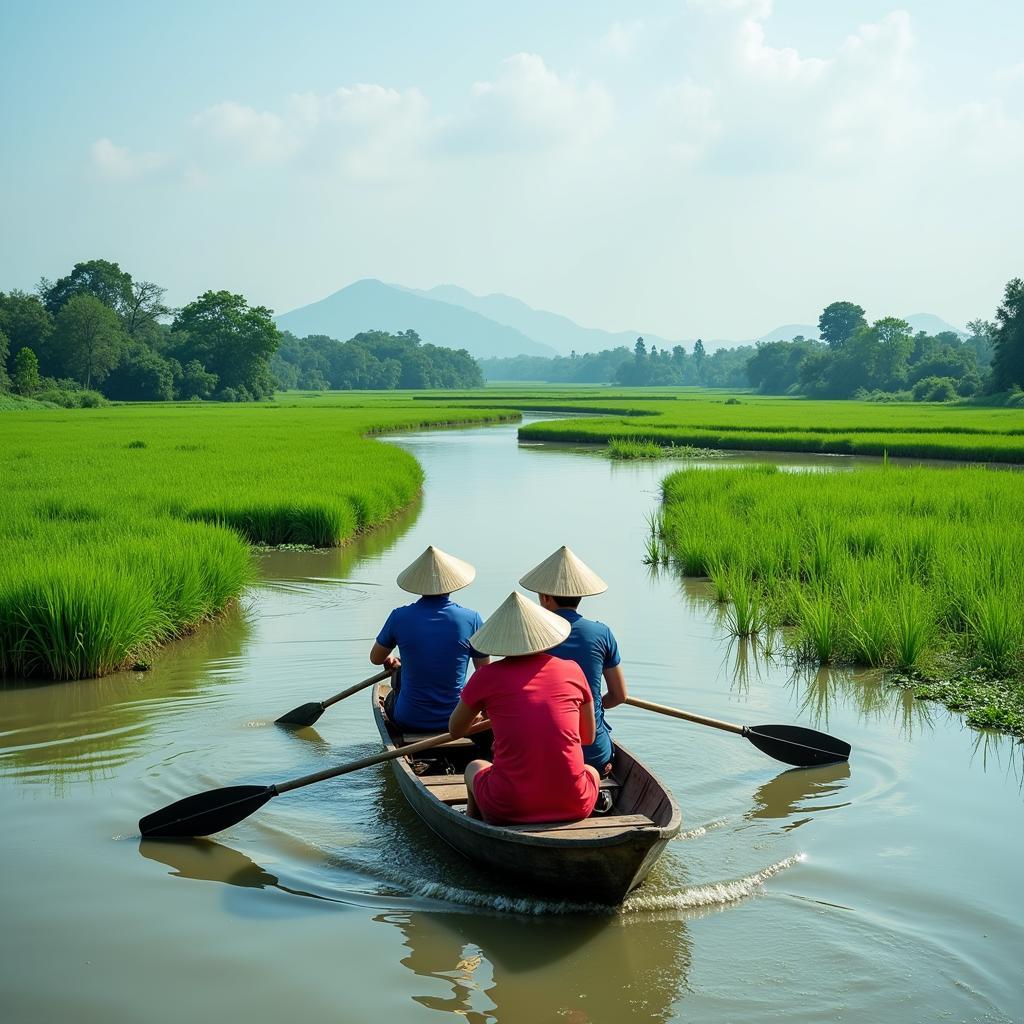 Chèo xuồng trên sông nước miền Tây mùa nước nổi